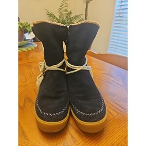 TOMS Vista Suede Boots Navy‎ Blue Women's 12 Shearling Lined Slouchy